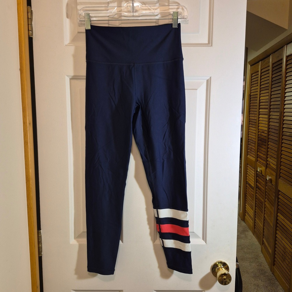 Aerie Chill Play Move Navy Blue Striped High Waisted Leggings Womens Medium